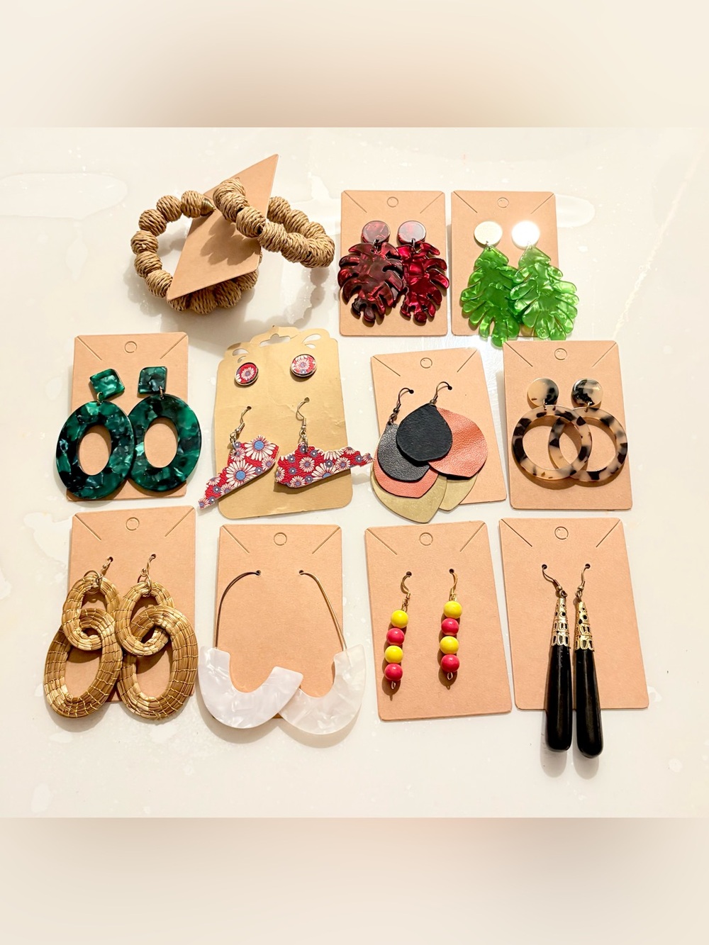 11pc Of Mixed Color Statement Earring - Multicolor Resin, Leaf & Hoop Styles